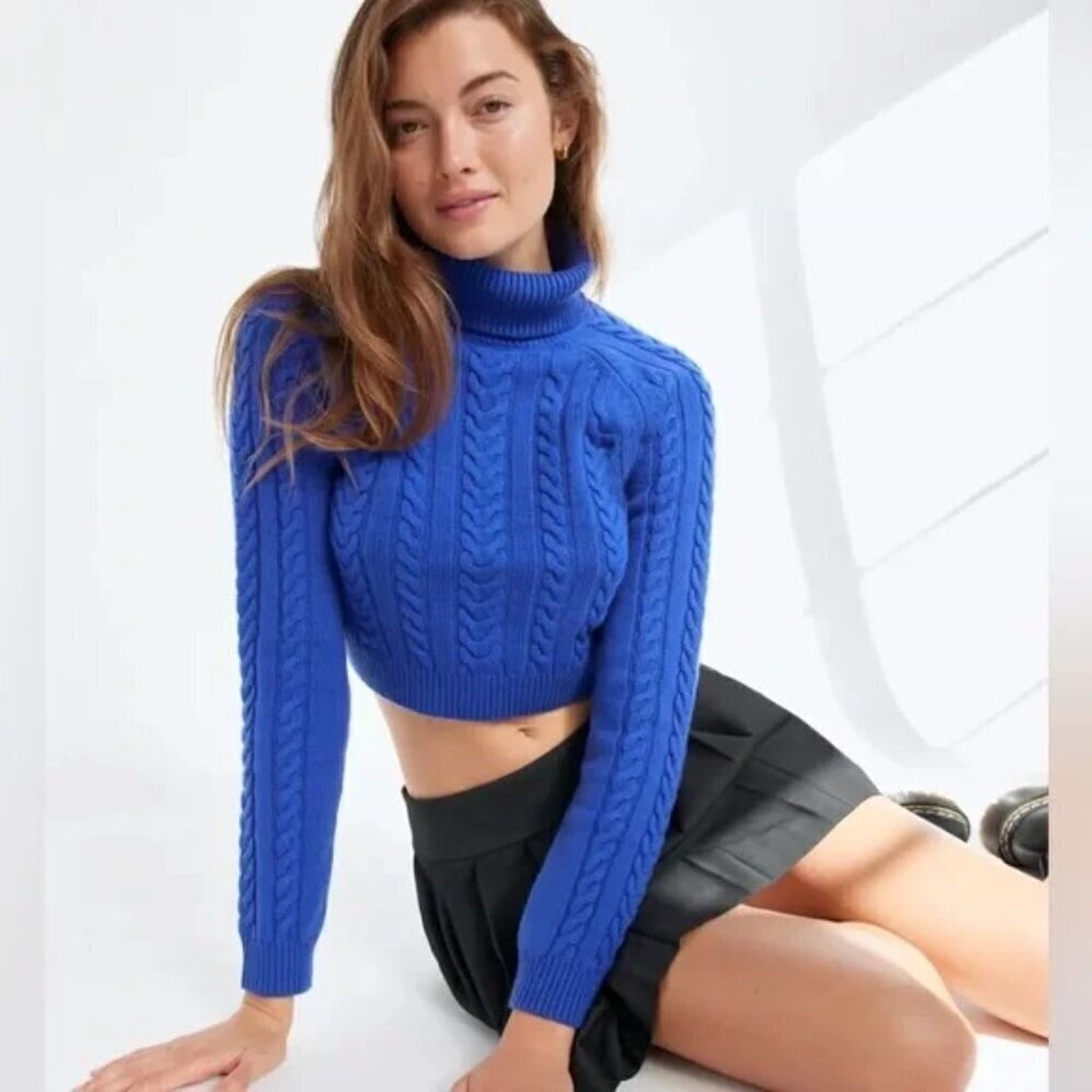 Sunday Best Blue Cable Knit Turtleneck Merino Wool Cotton Blend Sweater Size XS